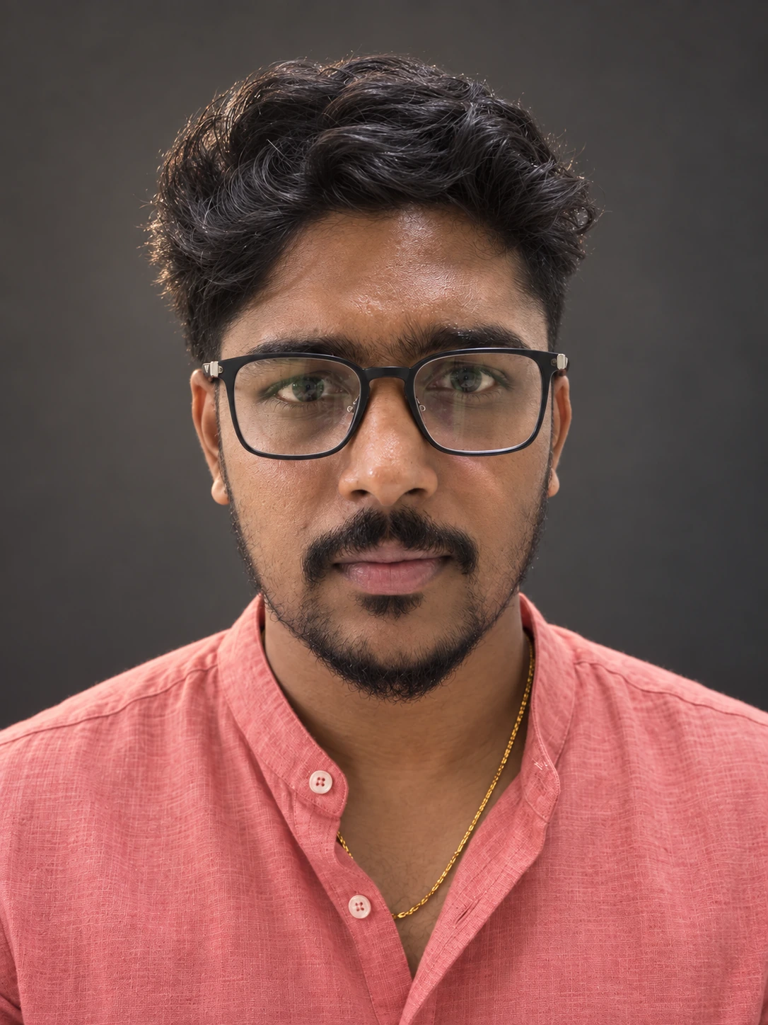 3D-style illustrated portrait of Ram, Pemmadi Tulasiram, with wavy hair, rectangular glasses and a coral shirt